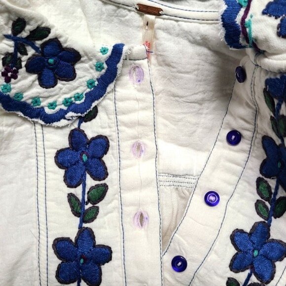 Free People More To Come White & Blue Embroidered Mini Dress Tunic Womens Size L - Picture 10 of 16